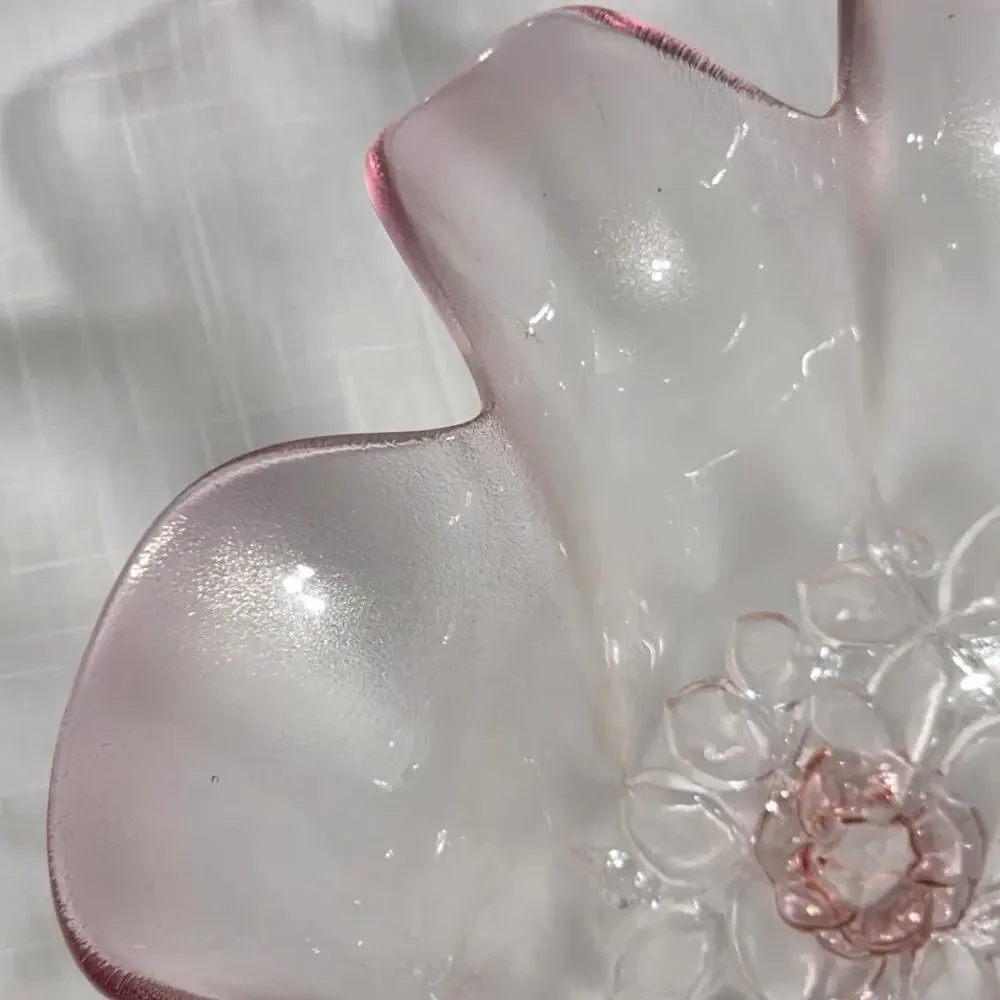 Mikasa Pink Frosted Art Glass Floral Ruffled Bowl 10